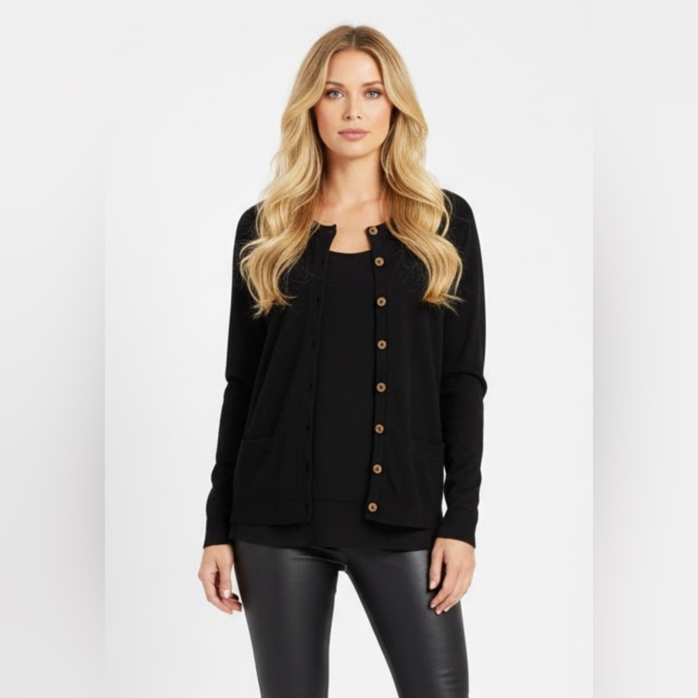 LRL Ralph Lauren Black Cardigan Silk Cotton Blend Pockets Button Front Sz Small